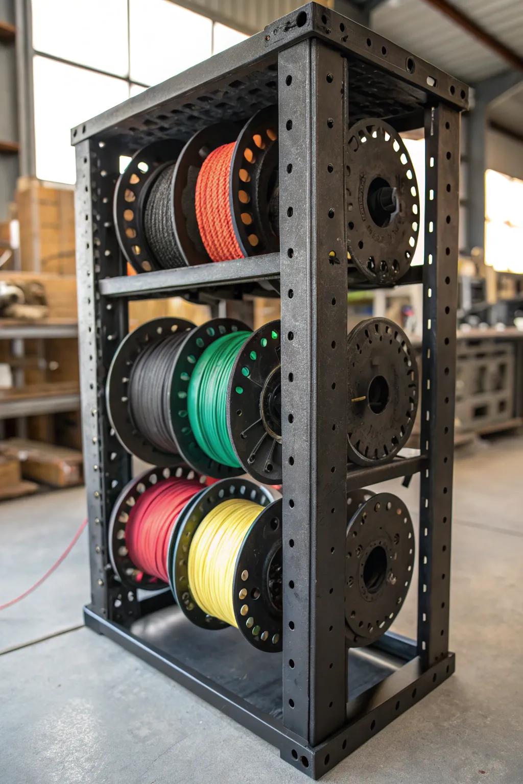 Elevate your workspace with industrial charm: the perfect solution for wire spool storage.