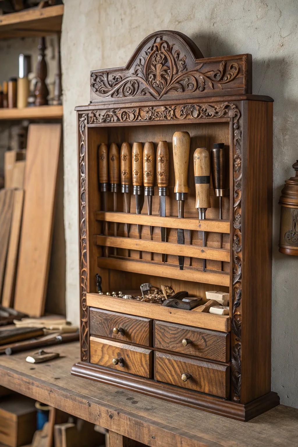 Elevate your workspace with a handcrafted wall-mounted cabinet that combines functionality and artistry.