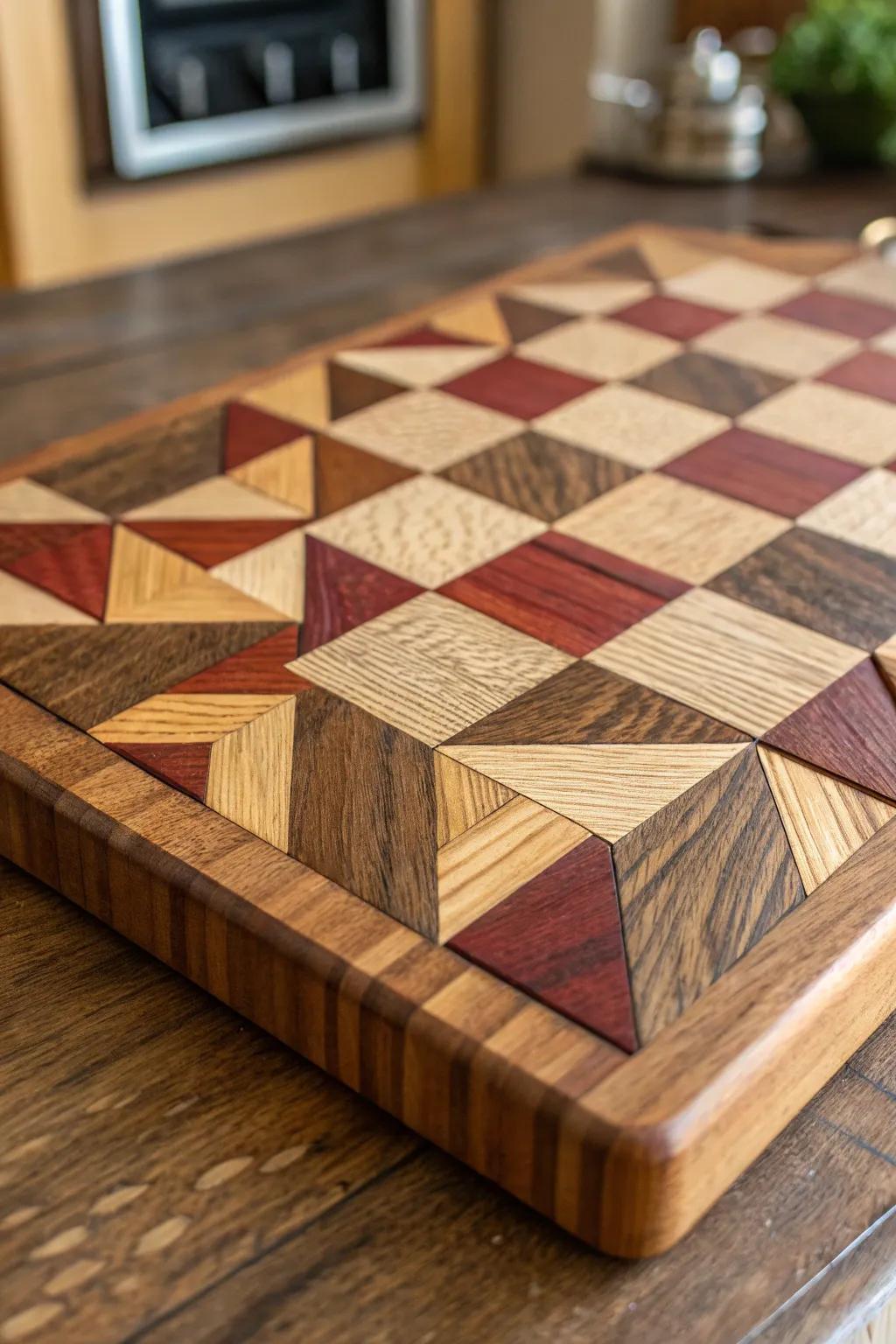 Elevate your hosting game with this exquisite mixed wood charcuterie board, a true testament to masterful craftsmanship.