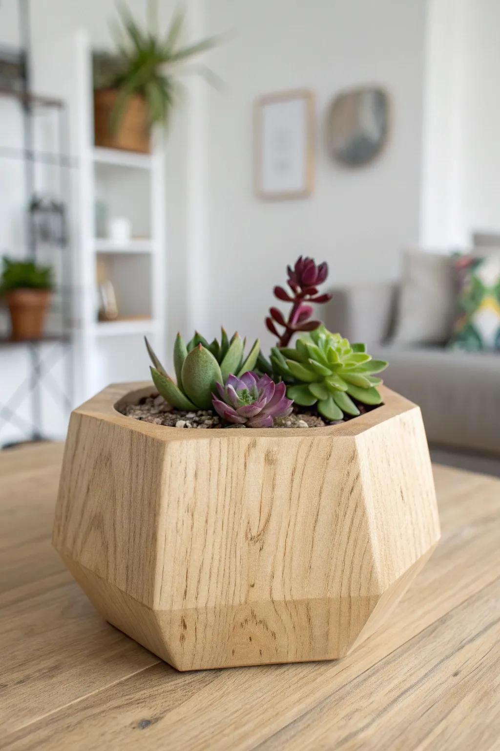 Elevate your greenery with these stunning wooden succulent planters, a perfect blend of rustic charm and modern design.