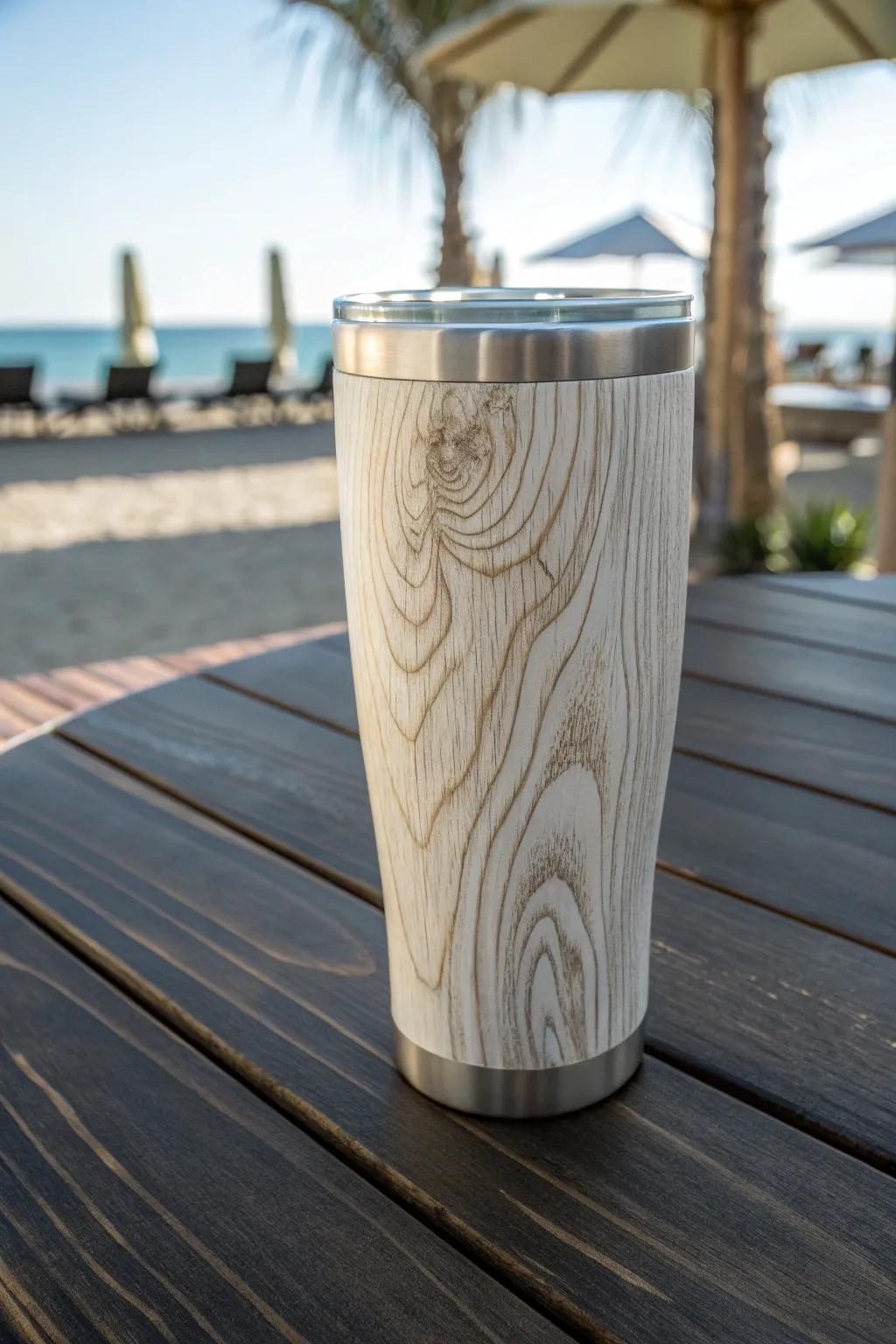 Embrace a fresh, beachy vibe with this elegantly crafted whitewashed wood grain tumbler.