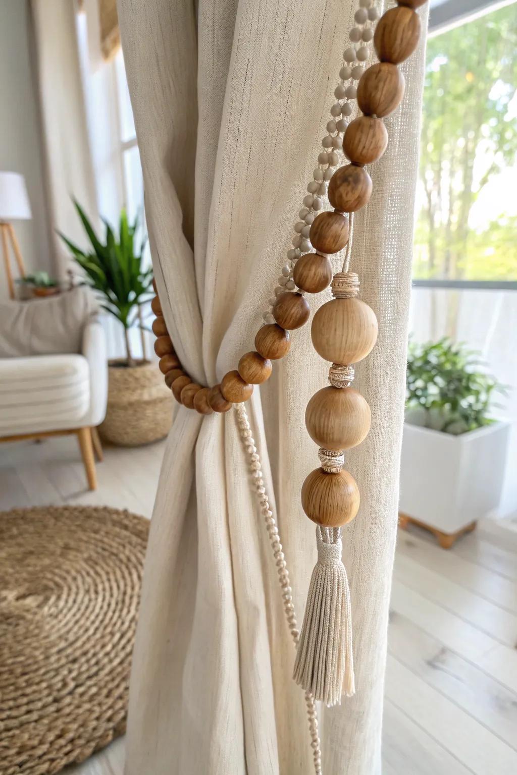 Add a touch of elegance to your home with handcrafted wooden bead curtain ties—where simplicity meets style.