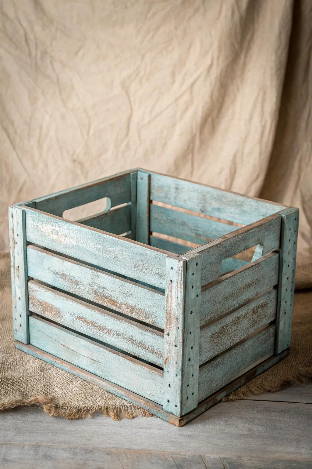 Embrace rustic charm with this beautifully distressed wooden crate, perfect for adding a vintage touch to any space.