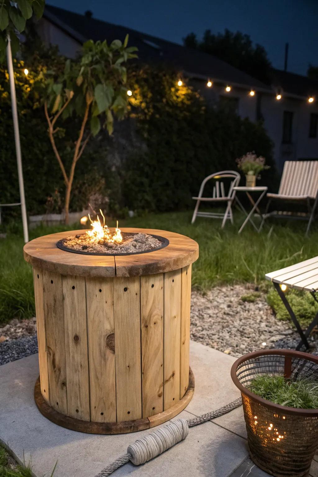Transform your outdoor gatherings with a rustic wooden spool fire pit base—where simplicity meets natural beauty.