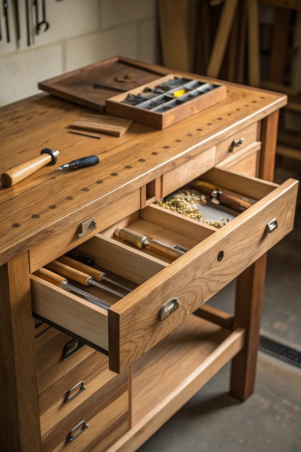 Discover the elegance of organization with this expertly crafted workbench featuring seamless tool storage.