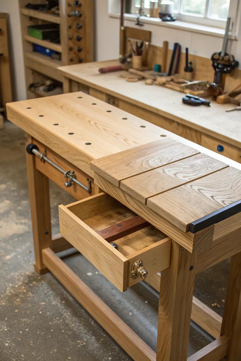 Upgrade your workspace: Discover the comfort and craftsmanship of a slide-out seat for your workbench.