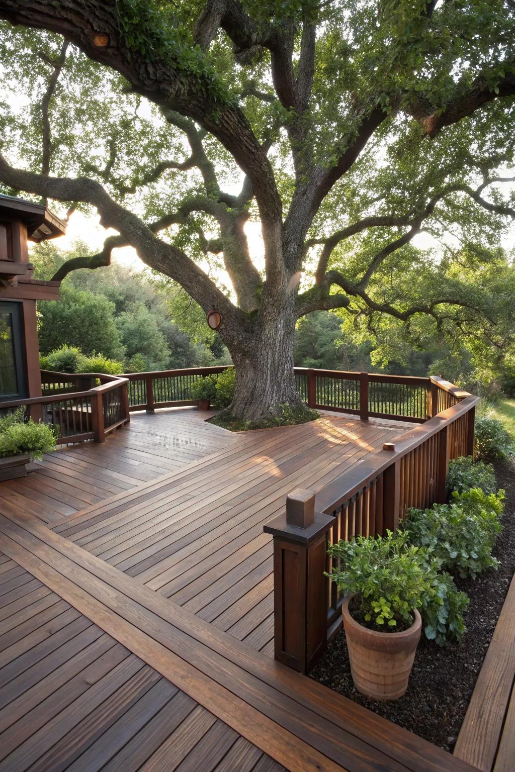 A masterful blend of nature and craftsmanship: a wrap-around deck that embraces the beauty of an oak tree.