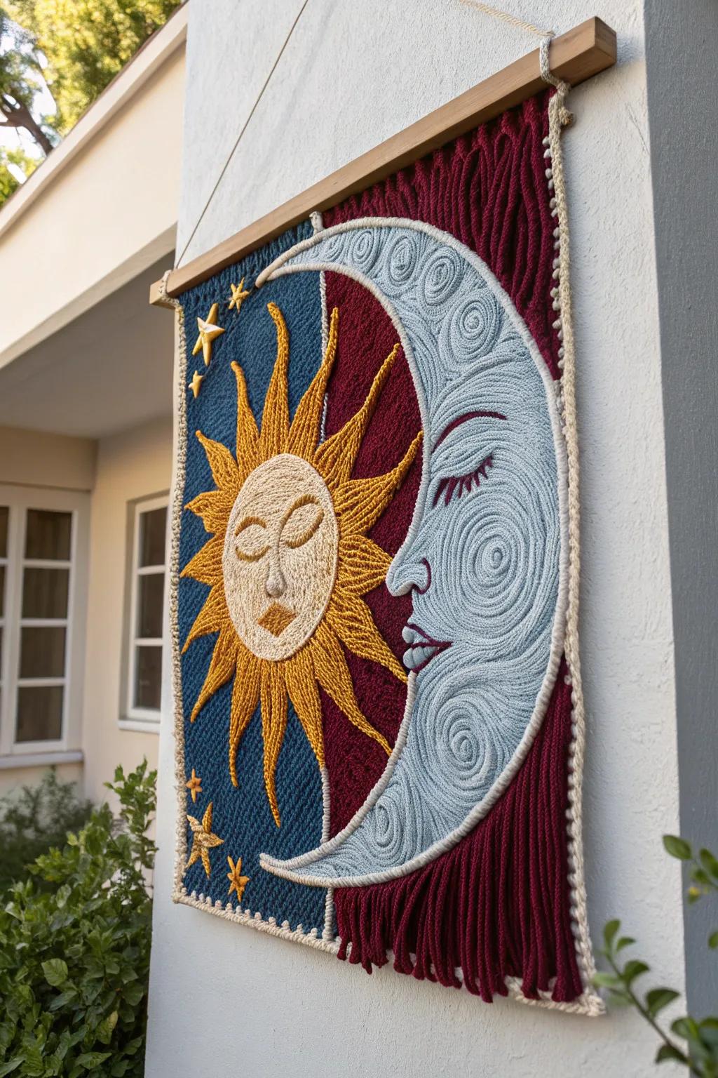 Celestial beauty captured in yarn: A stunning sun and moon creation to elevate your space.