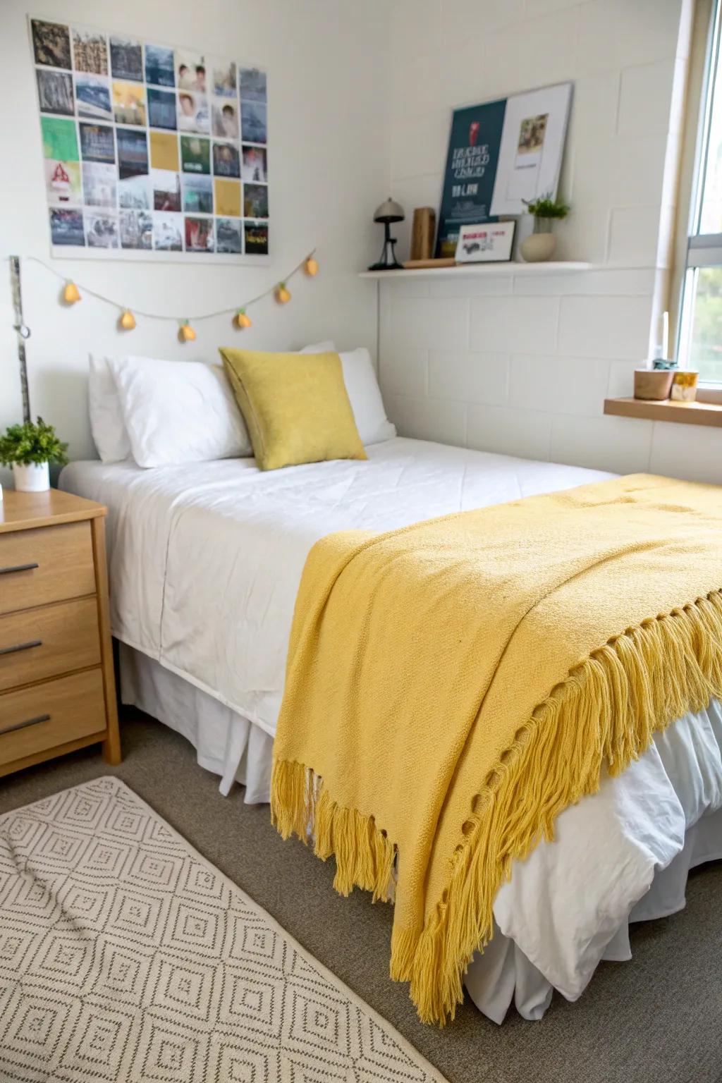 A soft yellow throw adds warmth and style to your dorm bed.