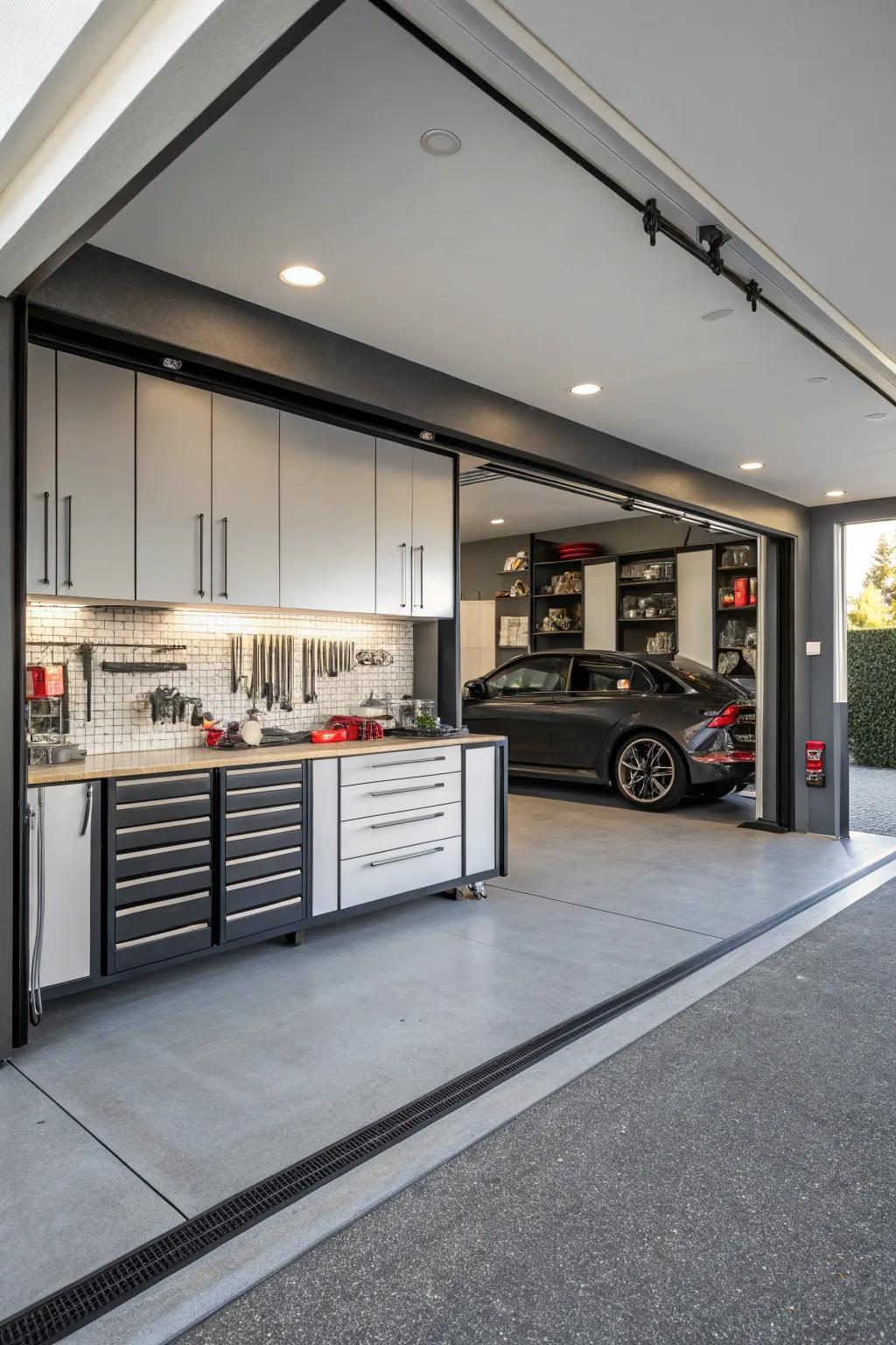 Built-in cabinets offer stylish and practical storage.