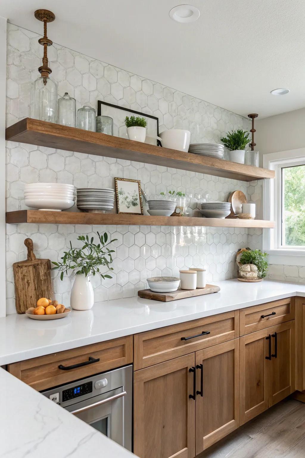 Wooden shelves soften the sleekness of the quartz for a balanced look.