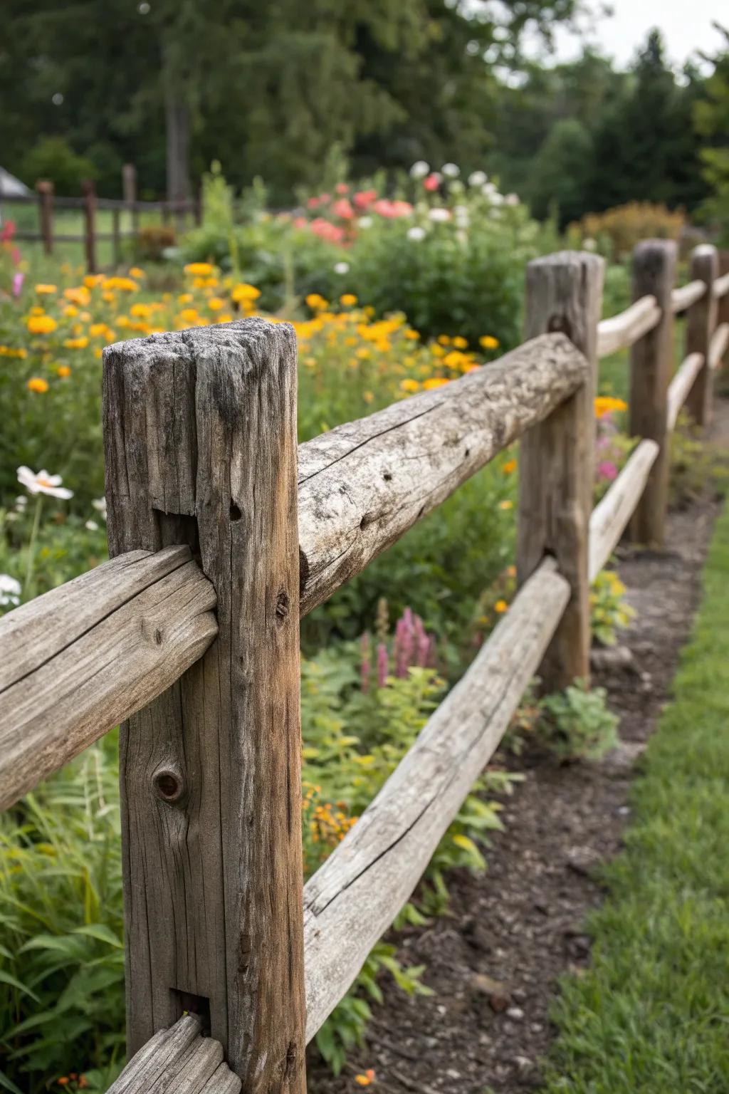 Embrace rustic charm with a handcrafted split rail fence that seamlessly blends with nature.