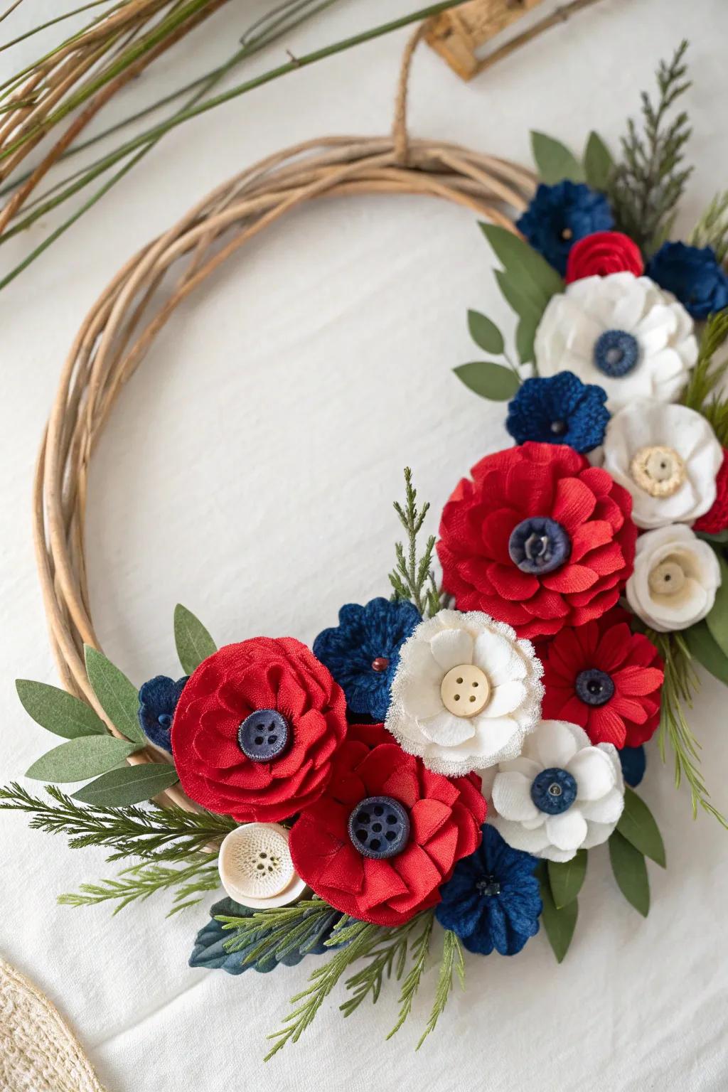 Celebrate the 4th of July with a touch of elegance and creativity. This crepe paper flower wreath is a perfect blend of bold colors and minimalist charm.