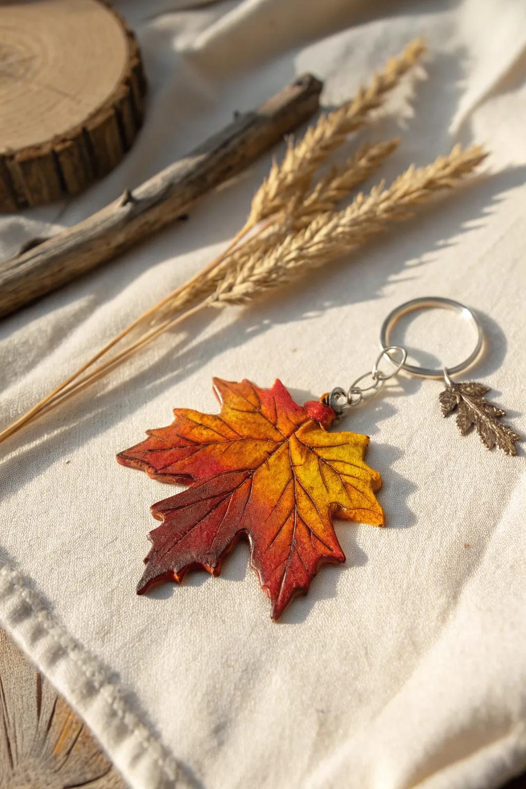 Capture the essence of autumn with this beautifully crafted acrylic leaf keychain, a perfect blend of bold colors and minimalist design.