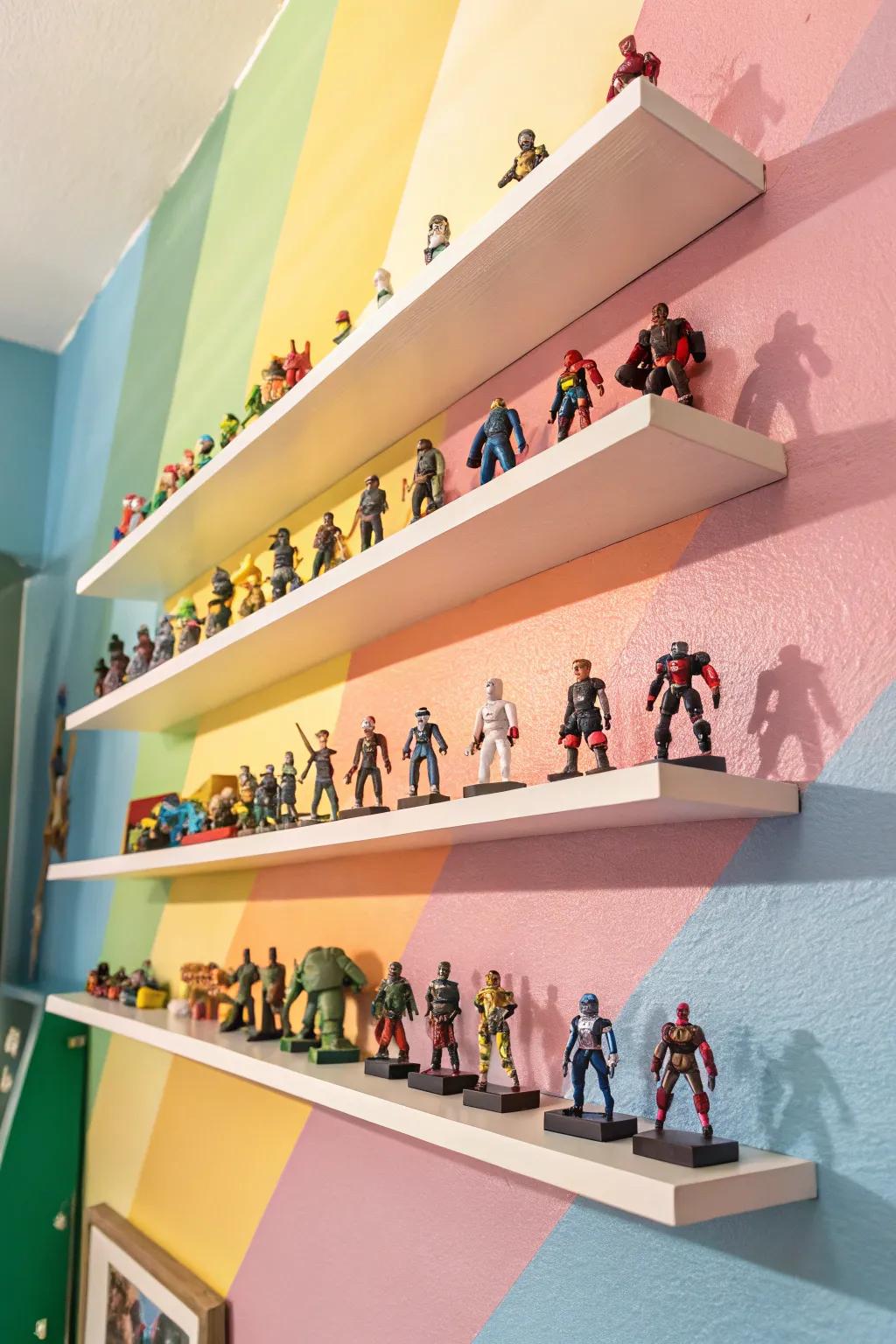 Floating shelves transform action figures into decorative wall art.