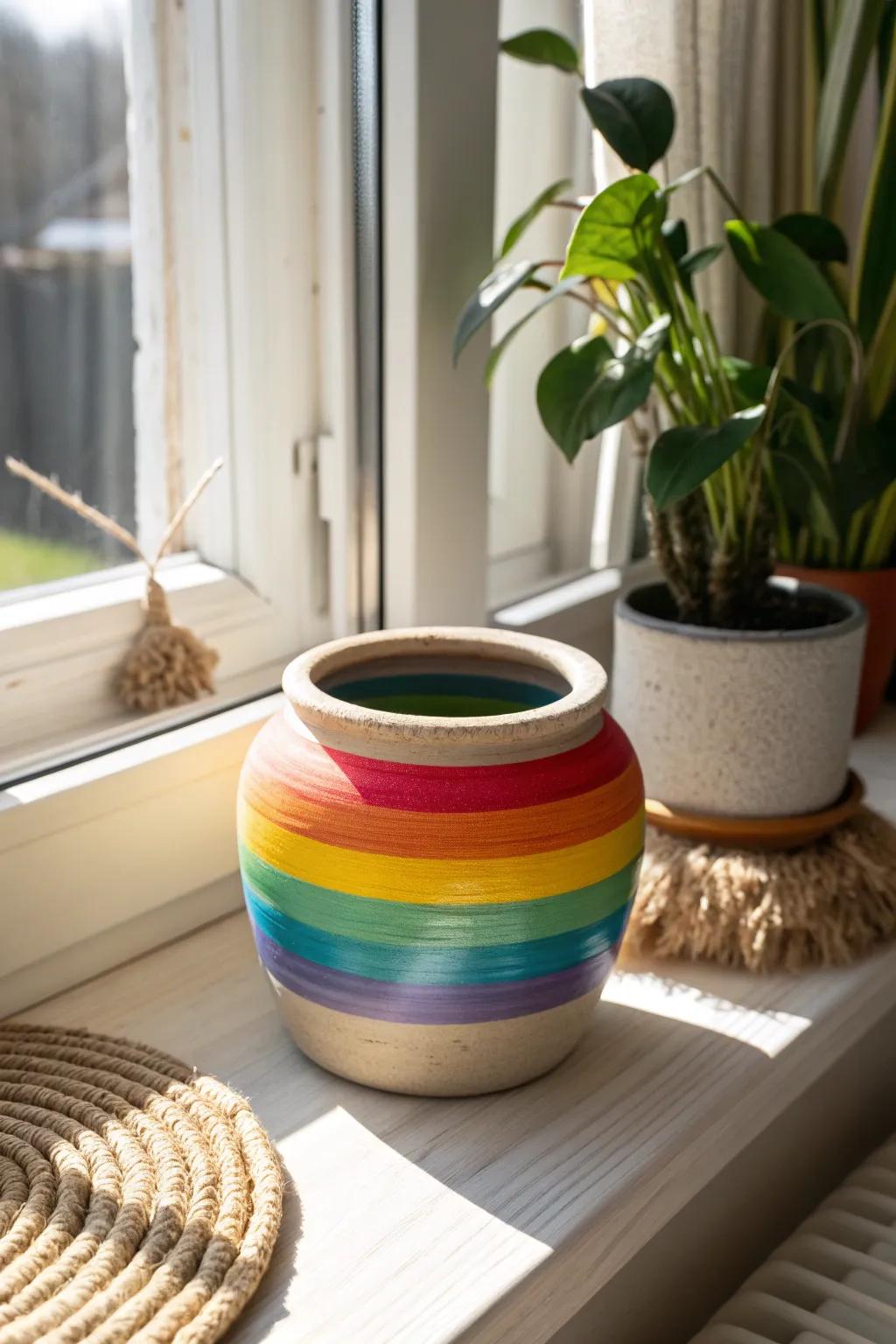 Add a splash of color with our handcrafted rainbow pots, perfect for brightening any sunny spot.