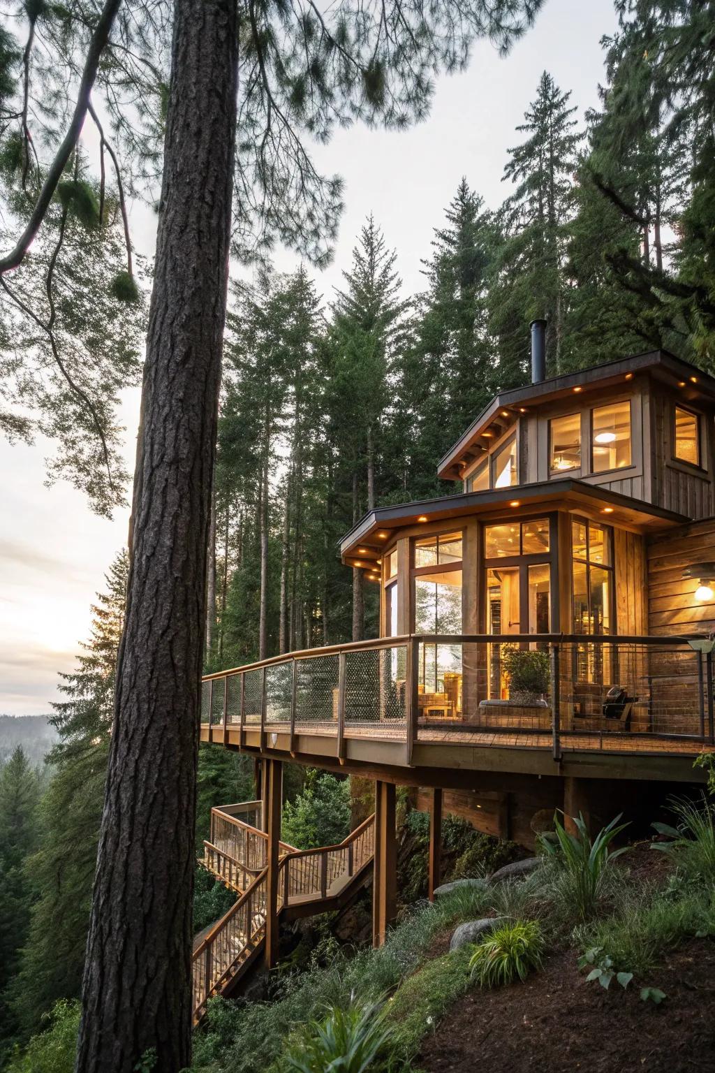 Treehouses provide a serene and adventurous living experience.