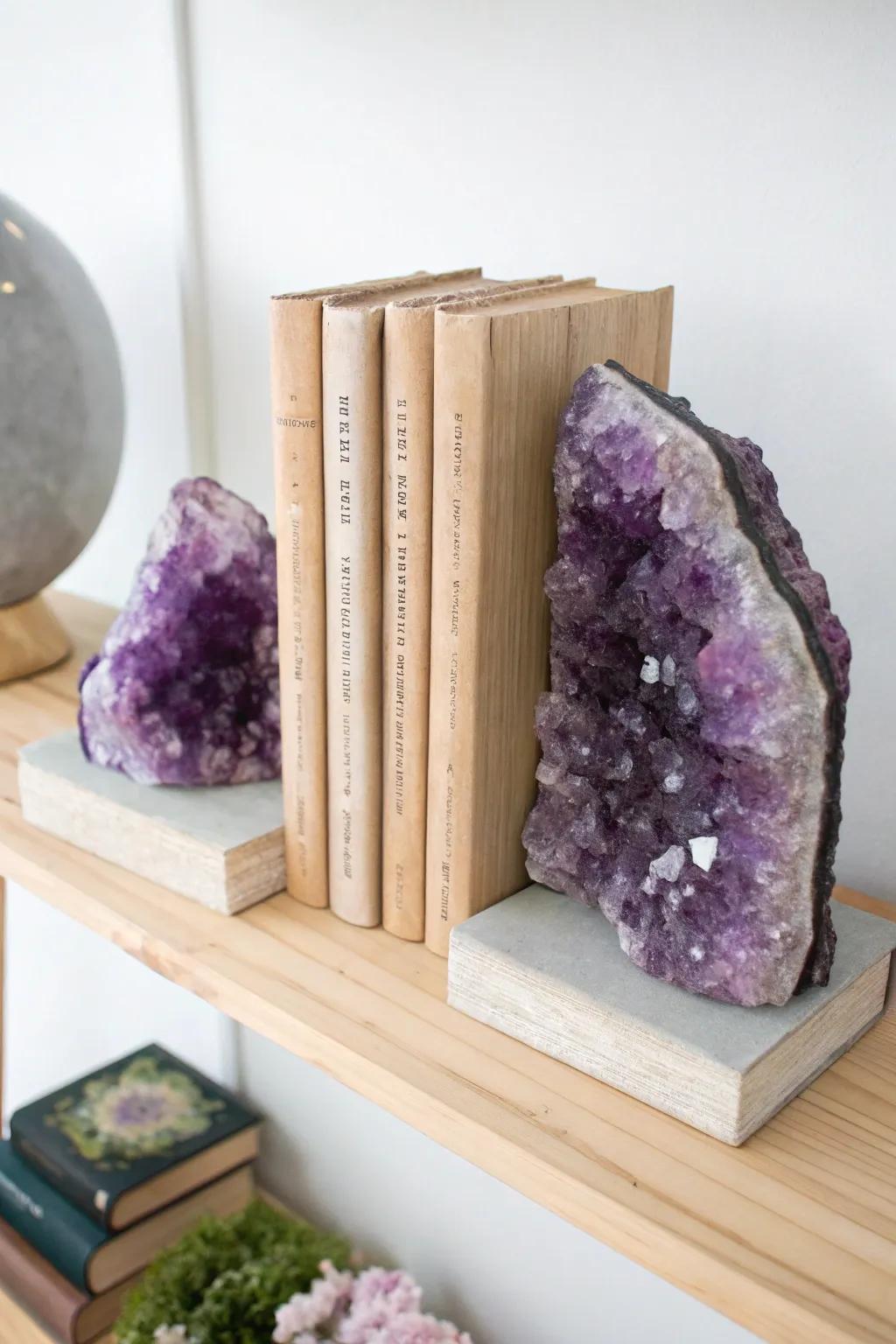 Elevate your bookshelf with the luxurious touch of amethyst bookends, where natural beauty meets minimalist elegance.
