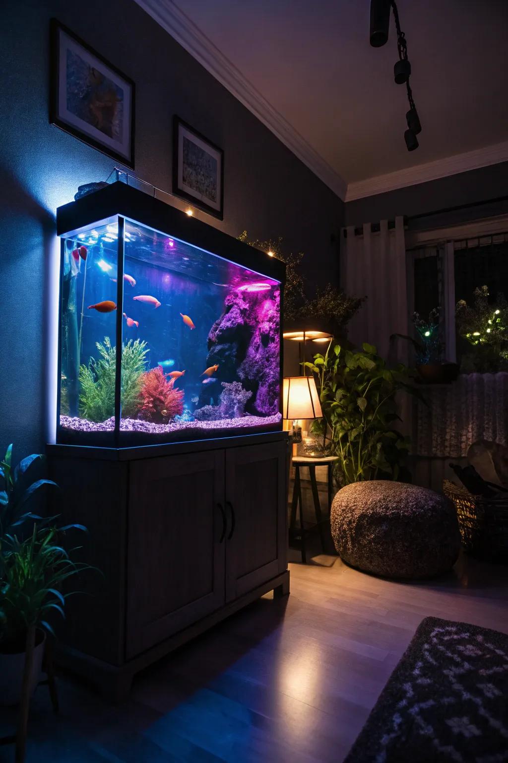 Colorful lighting transforms an aquarium into a captivating centerpiece.