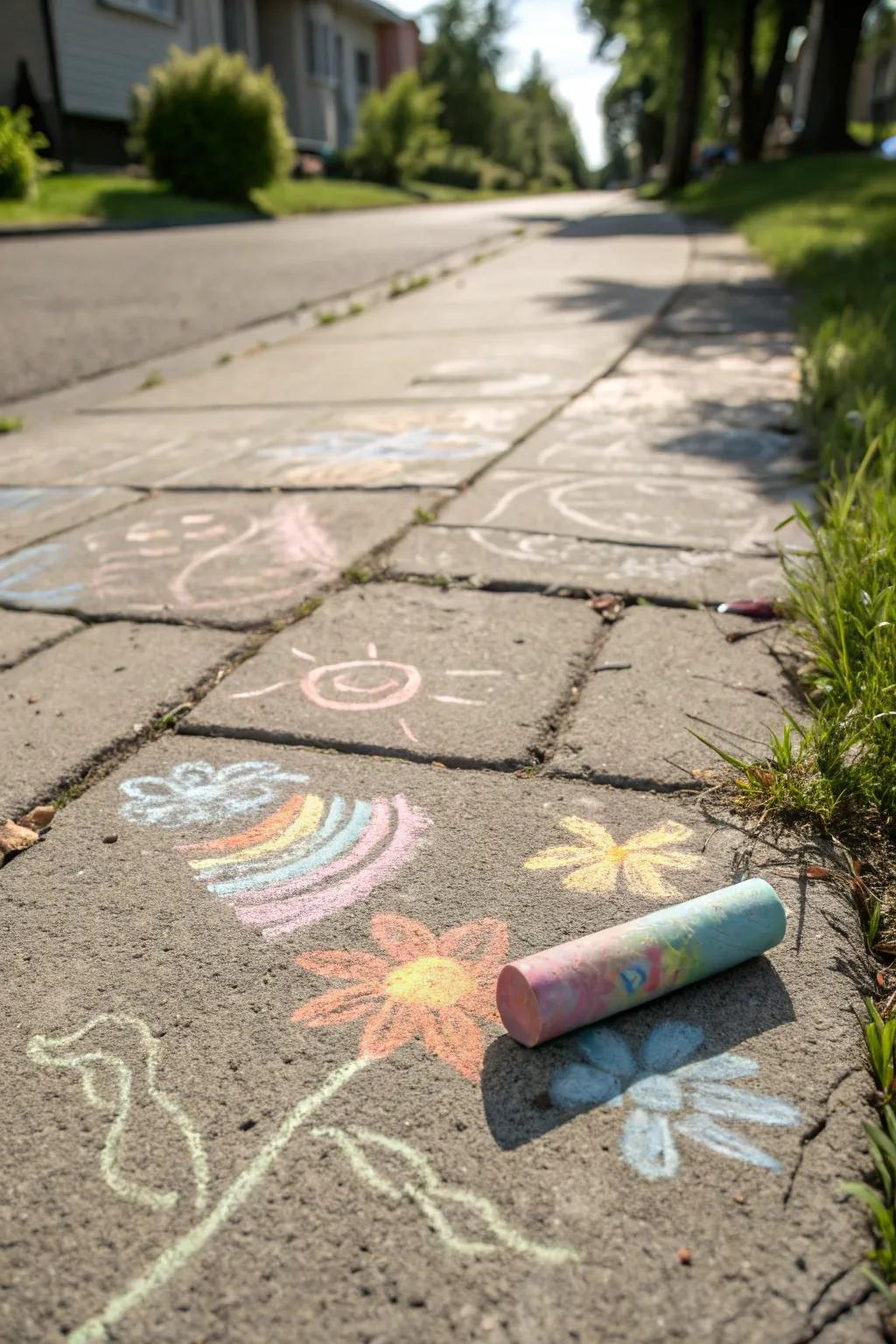 Unleash your toddler's creativity with vibrant chalk art on a sunny sidewalk.