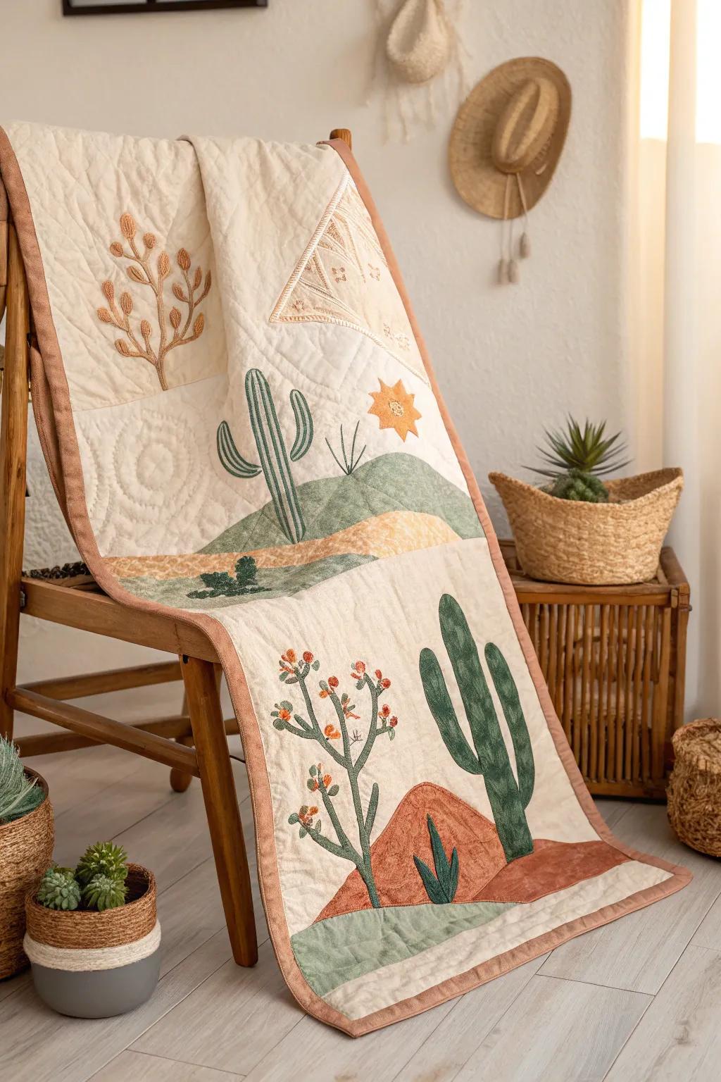 Embrace the warm, earthy vibes with this stunning Desert Dreams quilt, where sandy hues meet vibrant greens for a unique touch of artistic beauty.