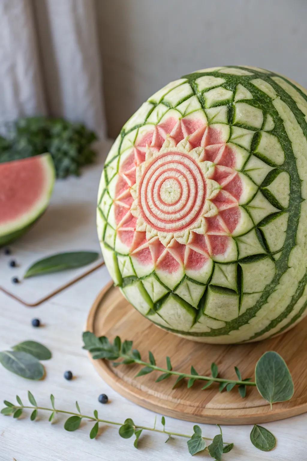Discover the art of watermelon carving with this stunning geometric spiral design—where simplicity meets craftsmanship.