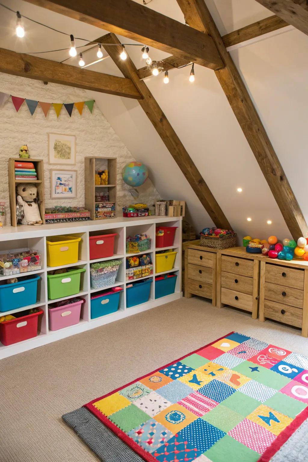 A playful and colorful attic playroom for children.