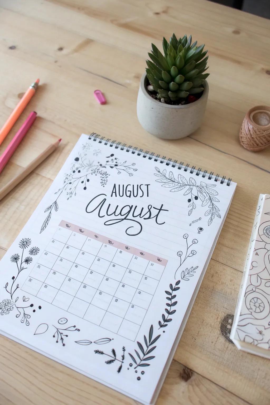 Unleash your creativity this August with a hand-drawn calendar that combines artistry and planning in one beautiful piece.