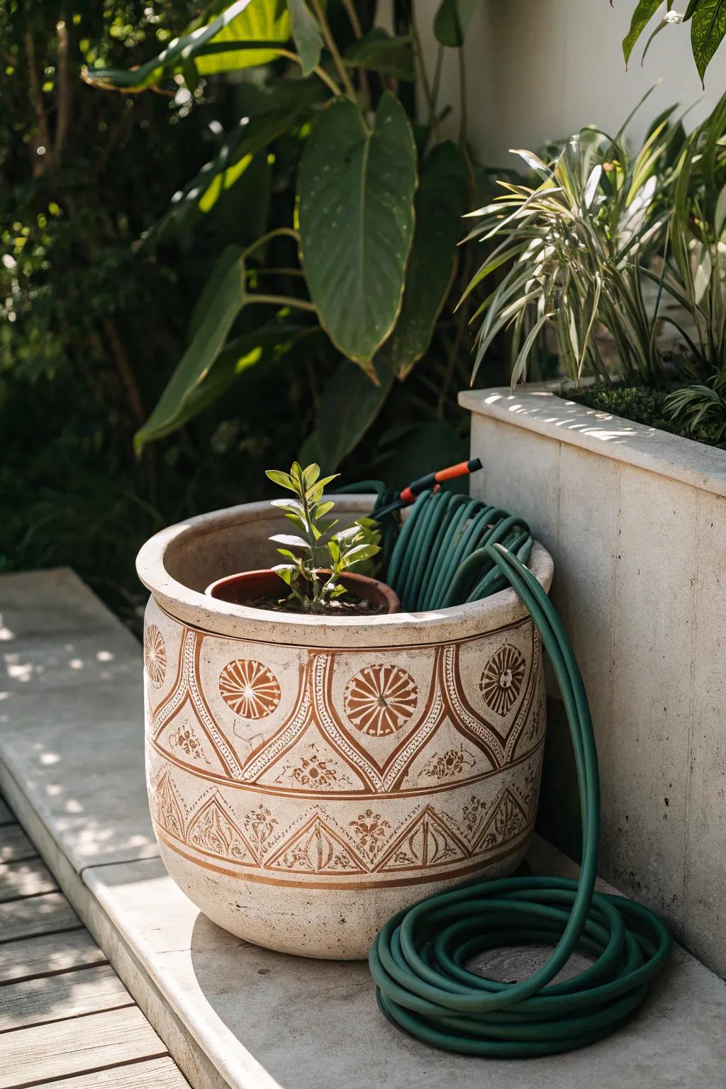 Elevate your garden's elegance with a hidden hose planter: the perfect blend of beauty and utility.