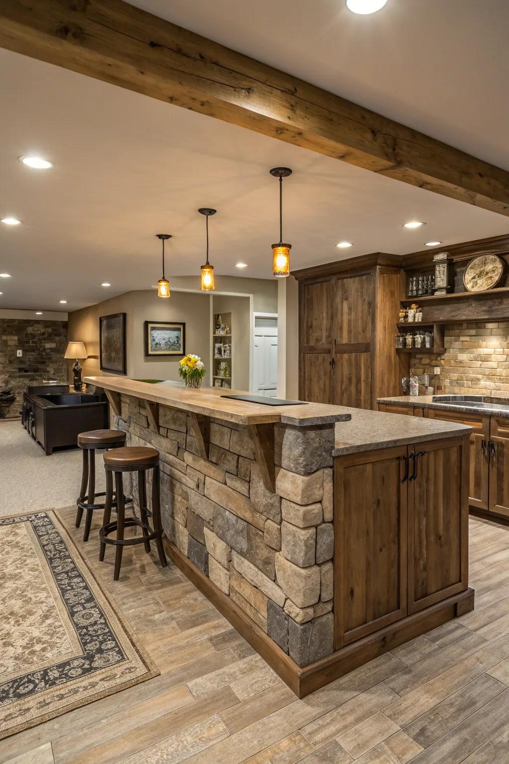 Rustic materials bring warmth and charm to your basement island.