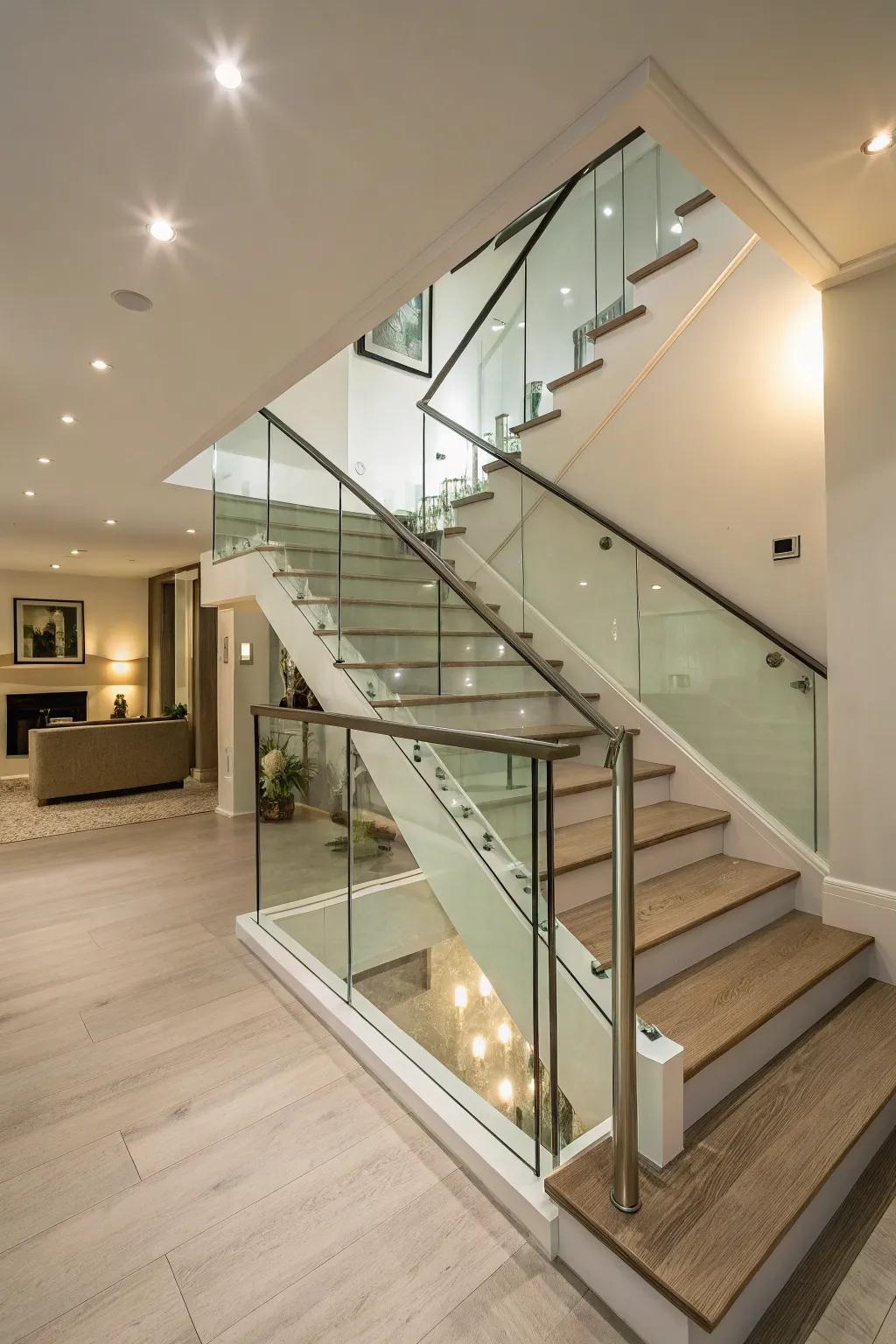 Glass railings create an open and elegant space in basements.