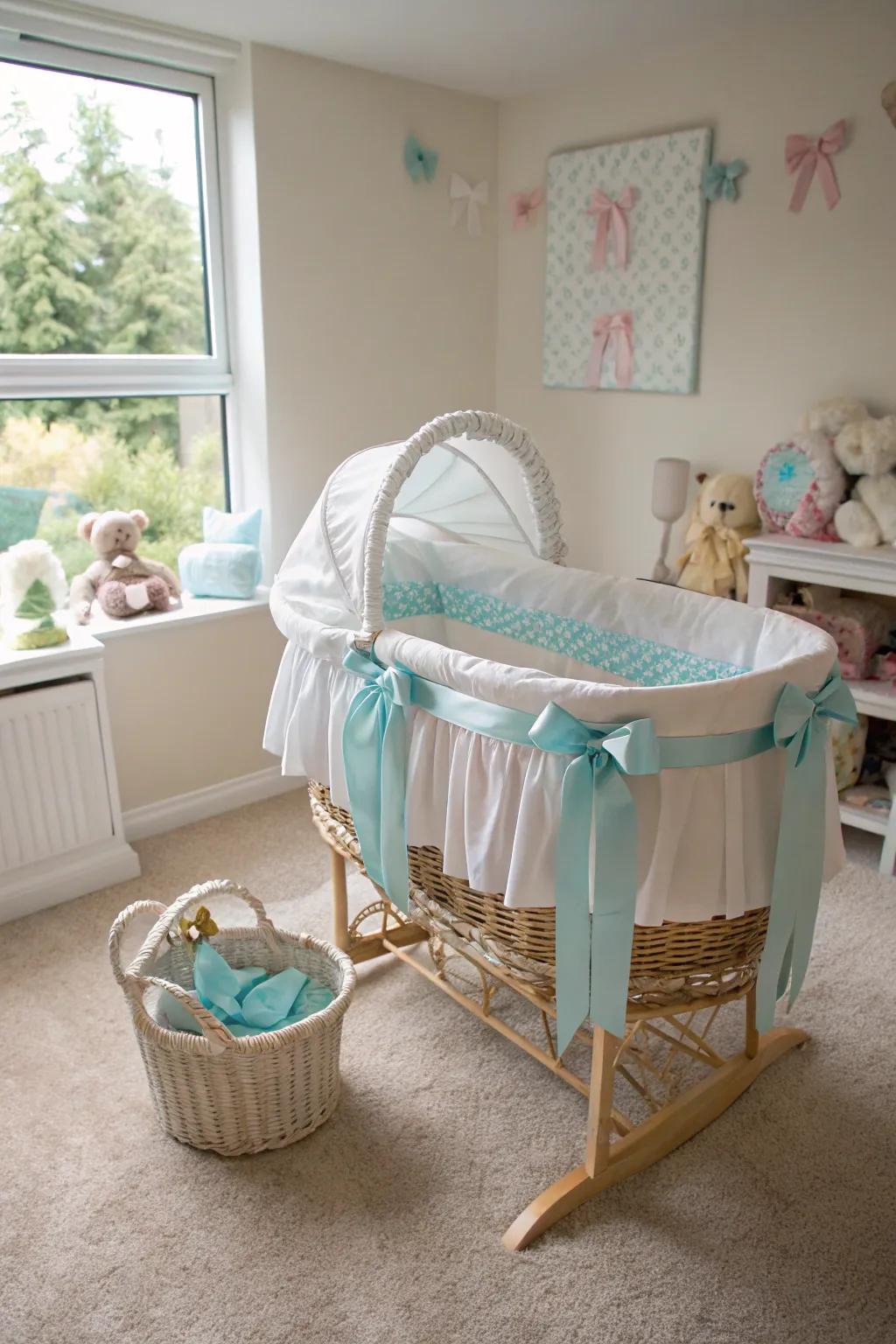 Charming ribbons and bows accenting a bassinet.