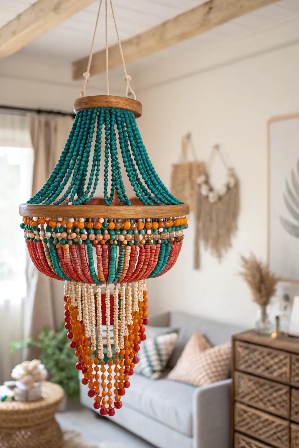 Illuminate your space with a touch of elegance – craft a beaded chandelier that blends minimalist design with bohemian flair.