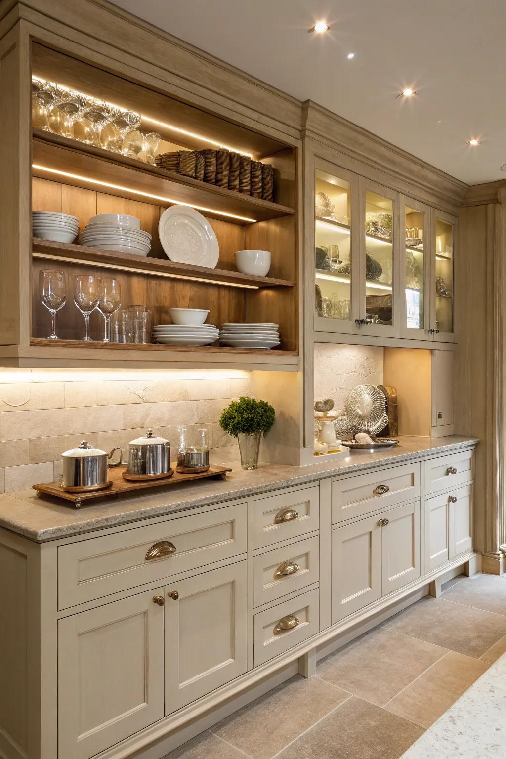 Open shelving adds an airy touch to beige cabinets.