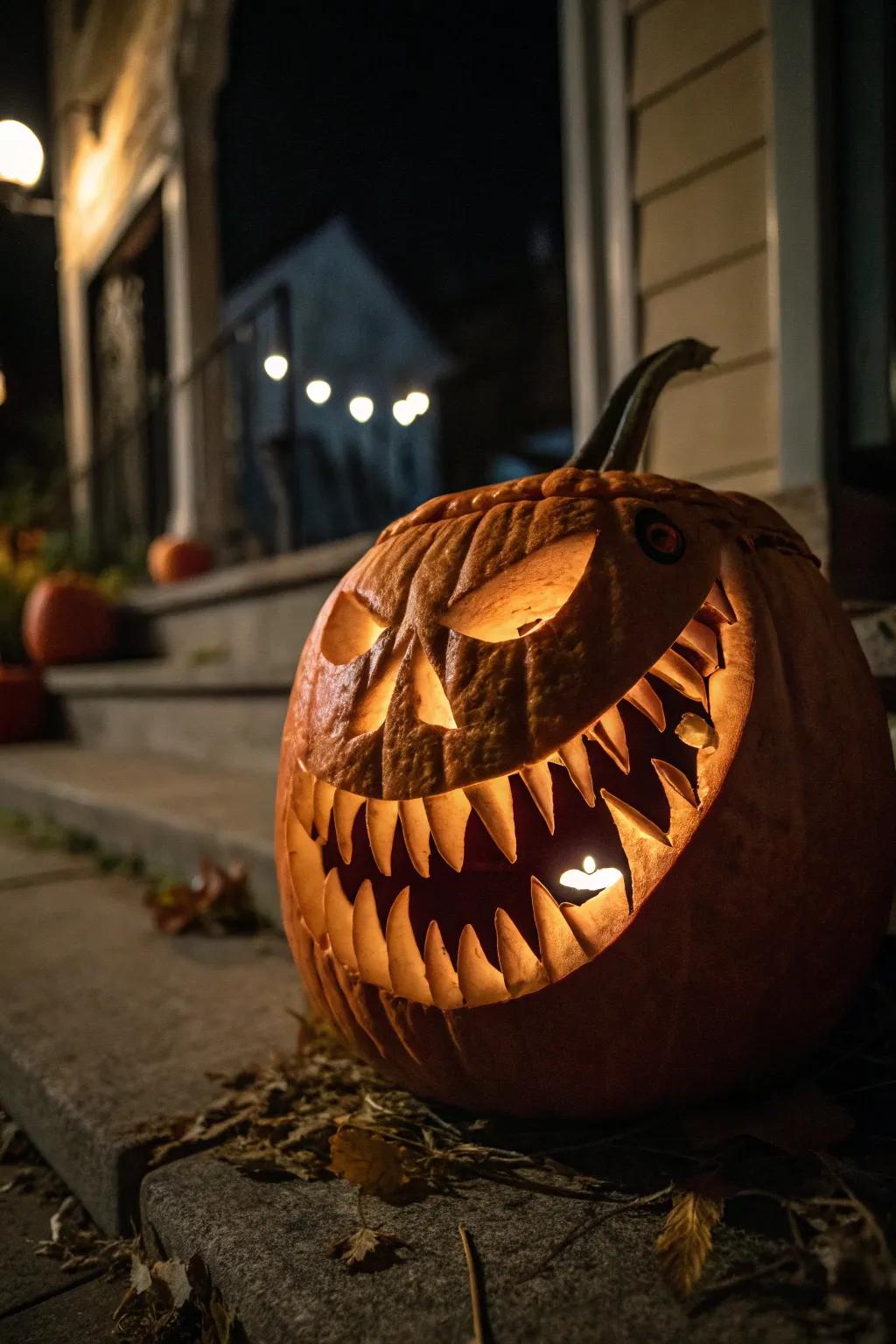 A pumpkin with intricate carvings featuring sharp teeth.