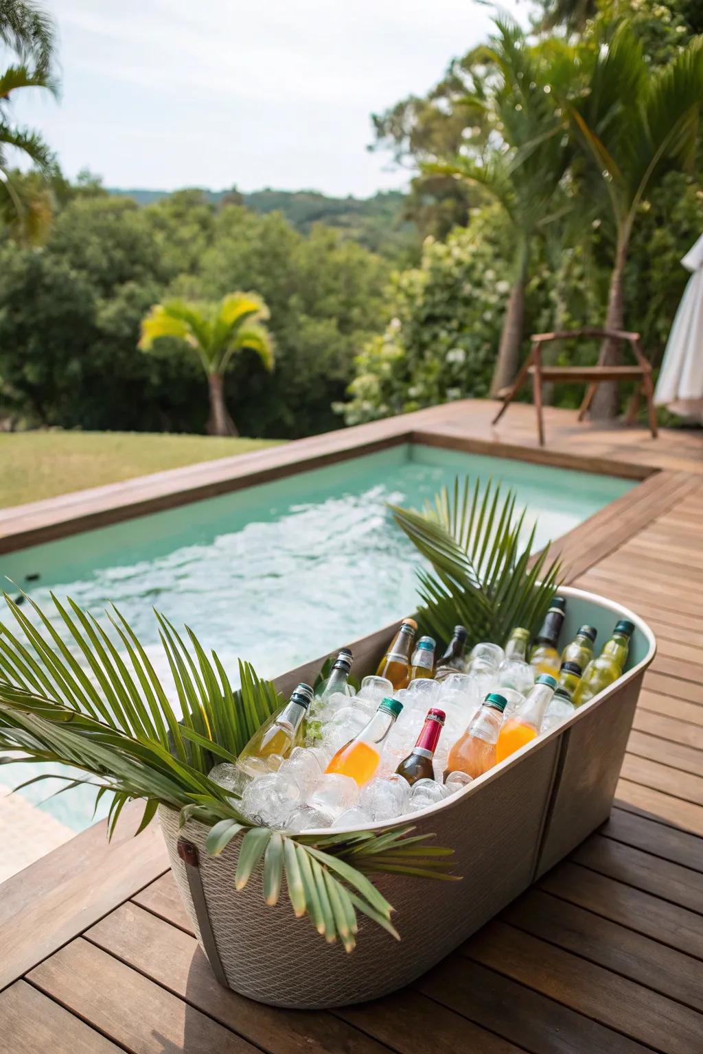 Palm leaves giving a tropical twist to a beverage tub.