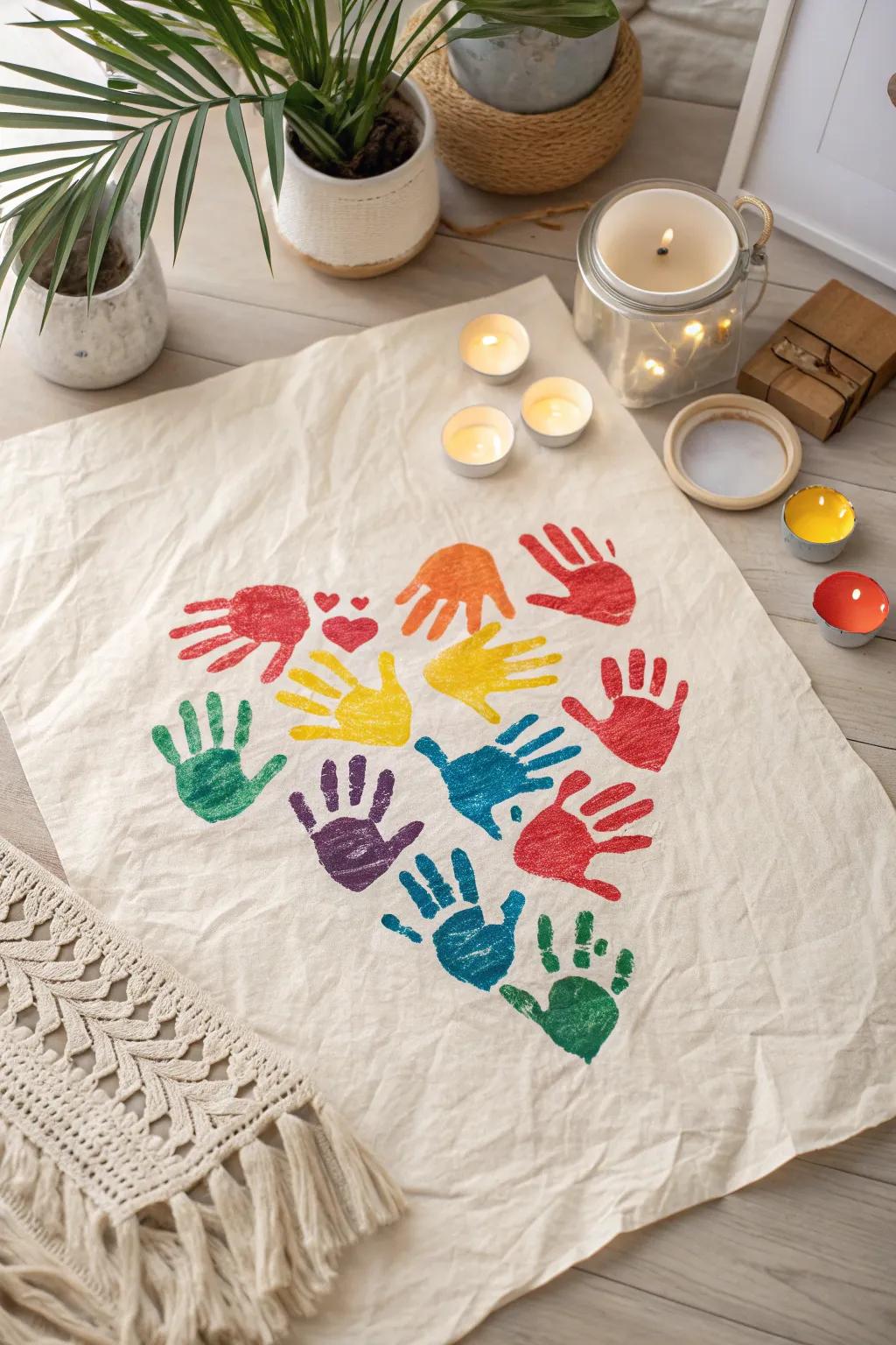 Celebrate love and creativity with this heart-shaped handprint art, a perfect blend of bold colors and minimalist charm!