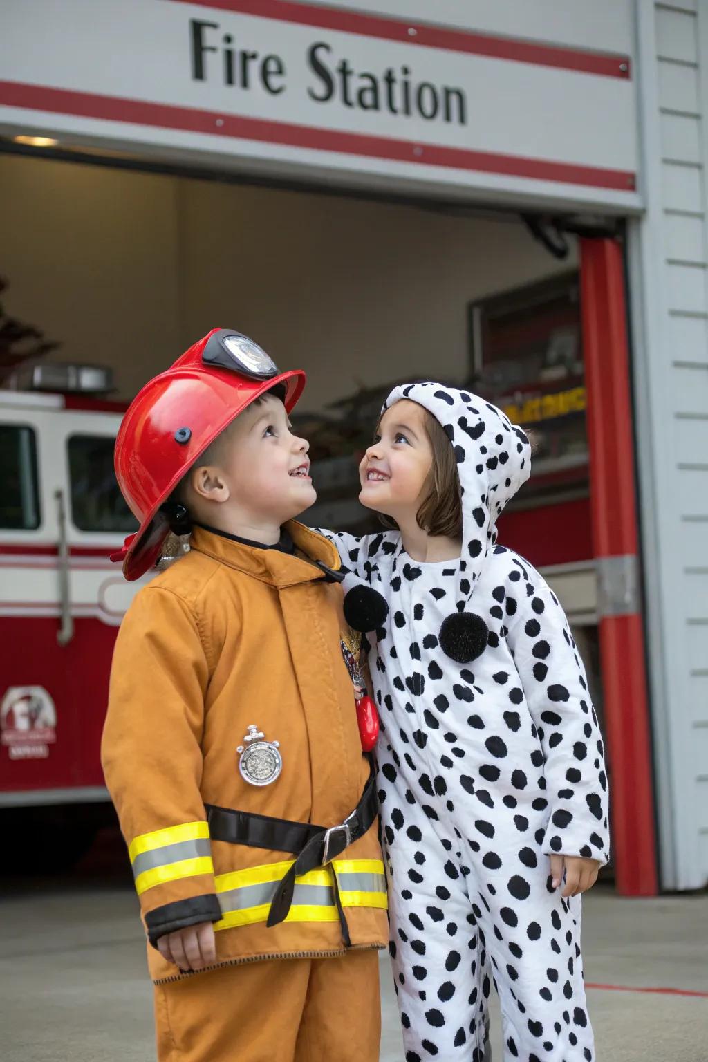 A heroic duo of firefighter and Dalmatian ready to save the day.