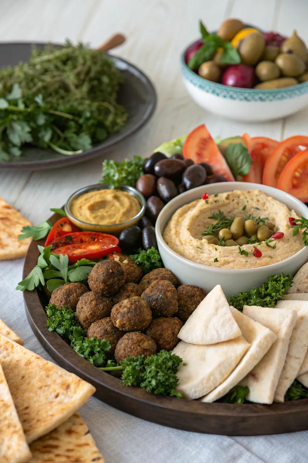A tempting Mediterranean mezze platter full of diverse flavors.