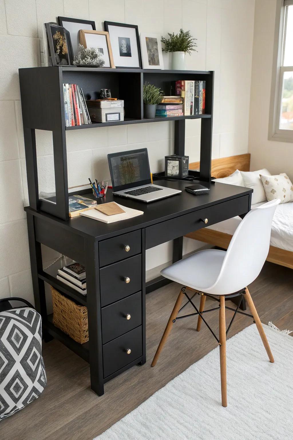 Multifunctional furniture keeps dorms clutter-free.