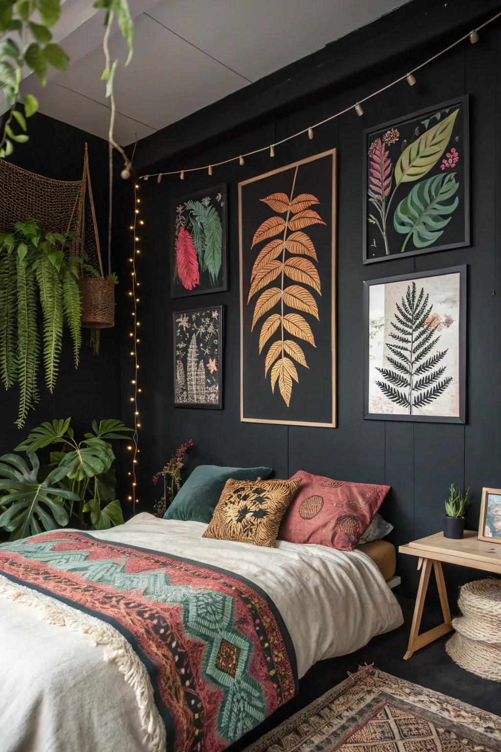 Botanical prints bring nature into a black boho bedroom setting.