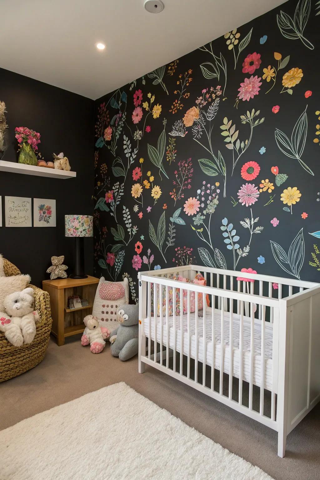 Floral accents on black create a unique and charming nursery environment.