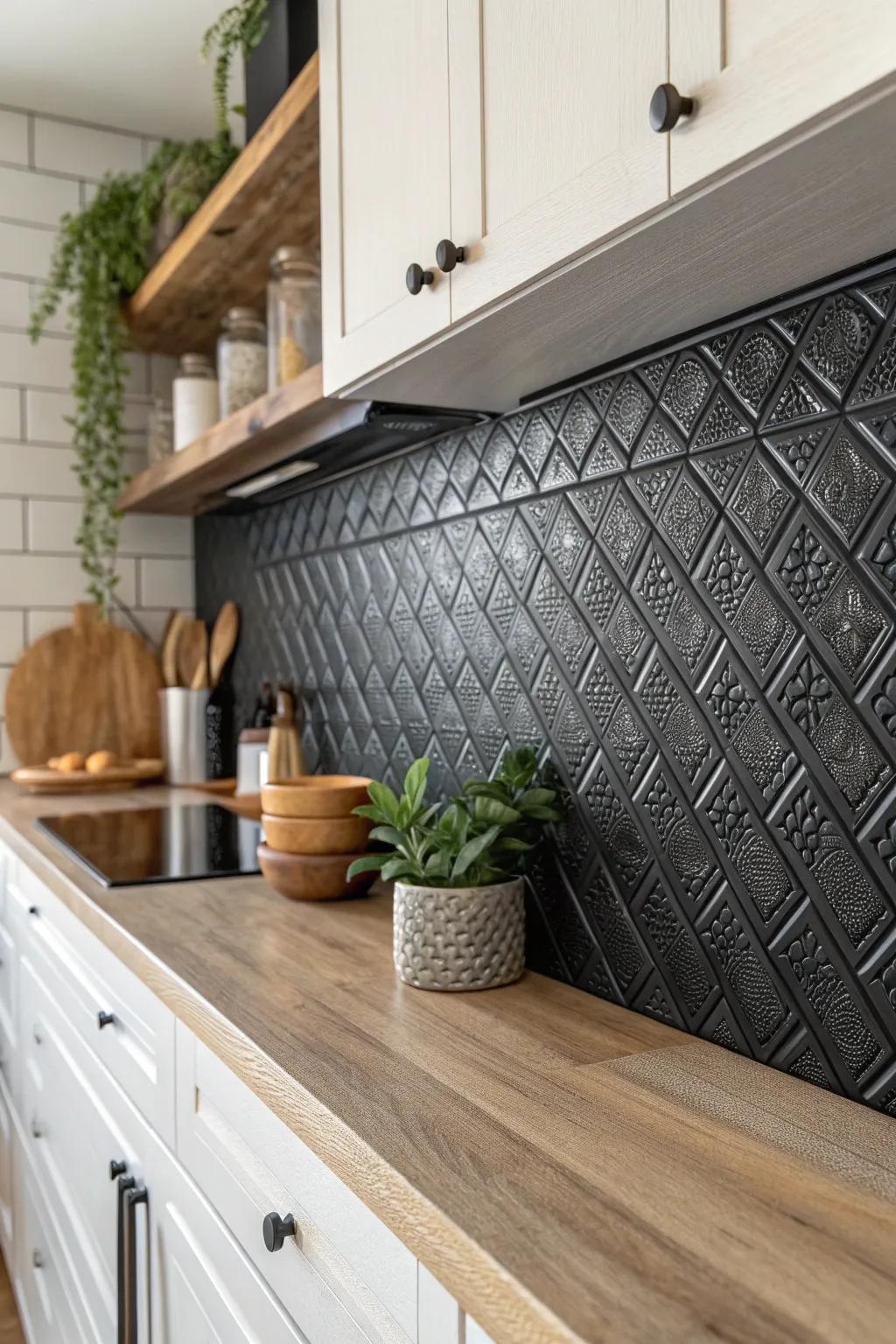 Elevate your kitchen with a textured black backsplash that combines minimalist elegance with bold style.