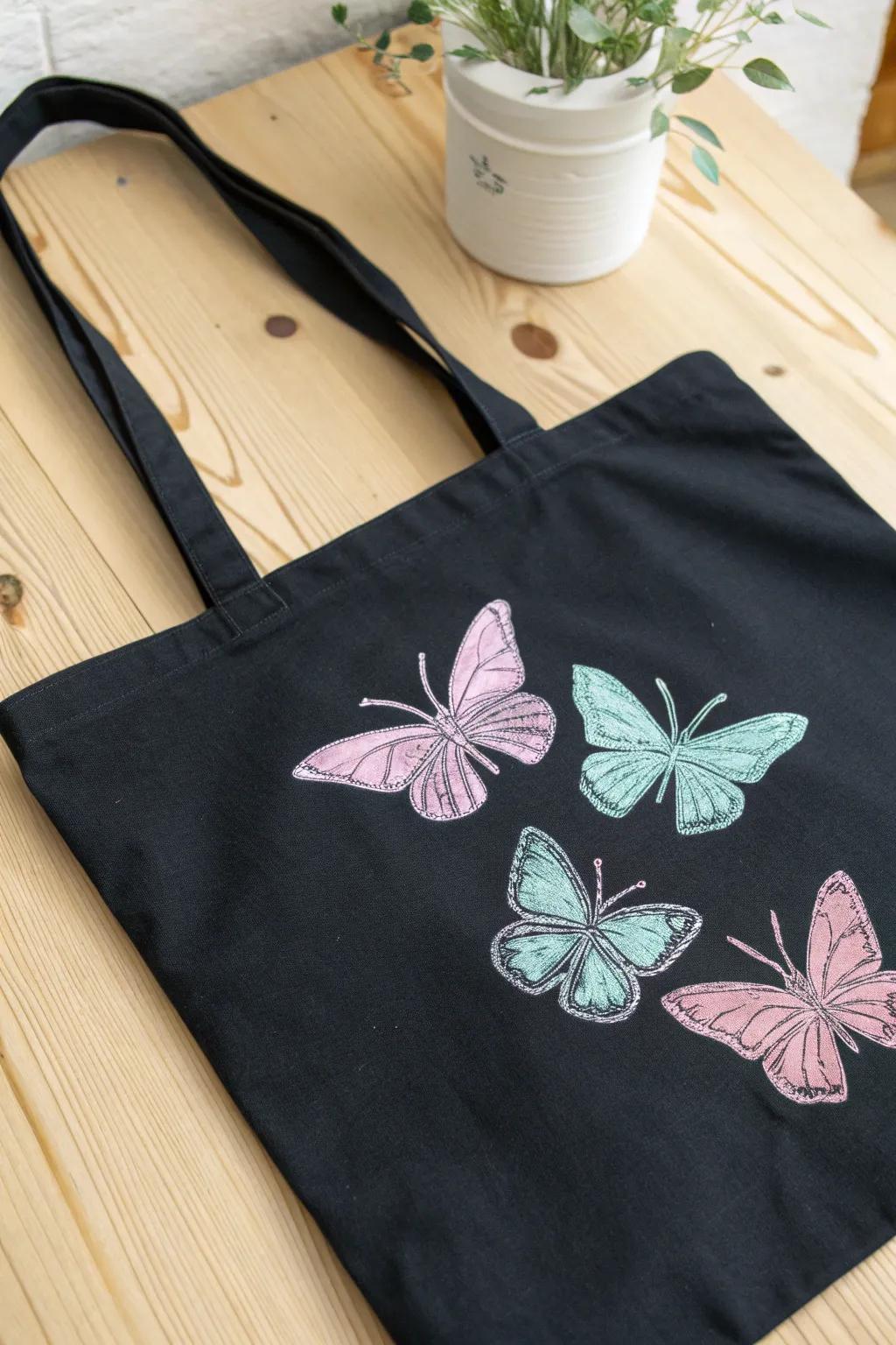 Transform your tote into a whimsical masterpiece with fluttering butterflies and a touch of shimmer!