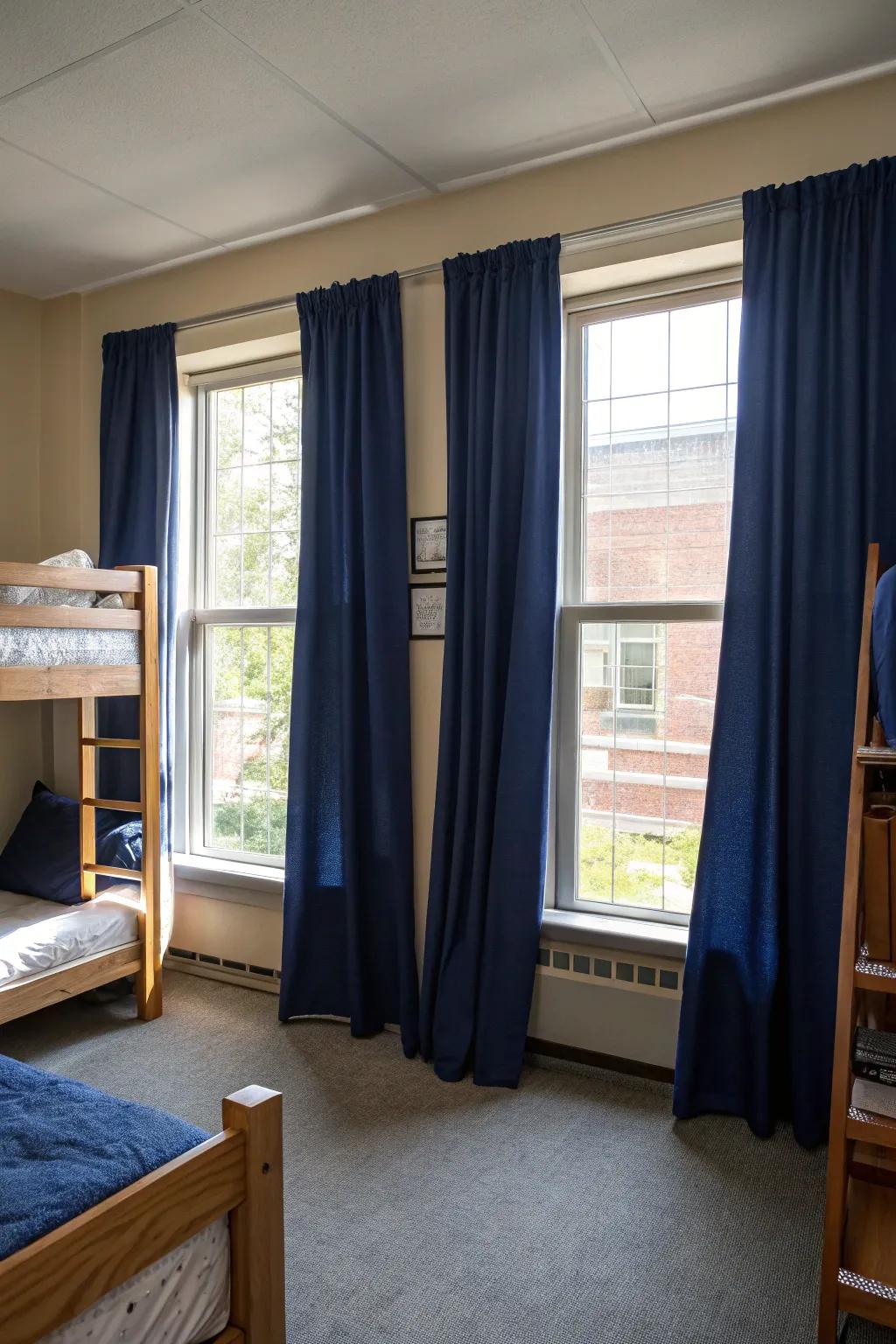 Navy blue curtains offer elegance and functionality.