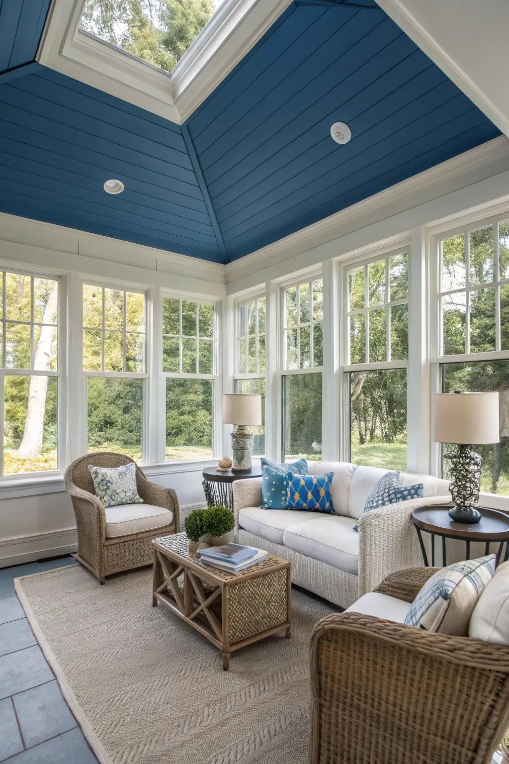 A blue ceiling adds an unexpected focal point.