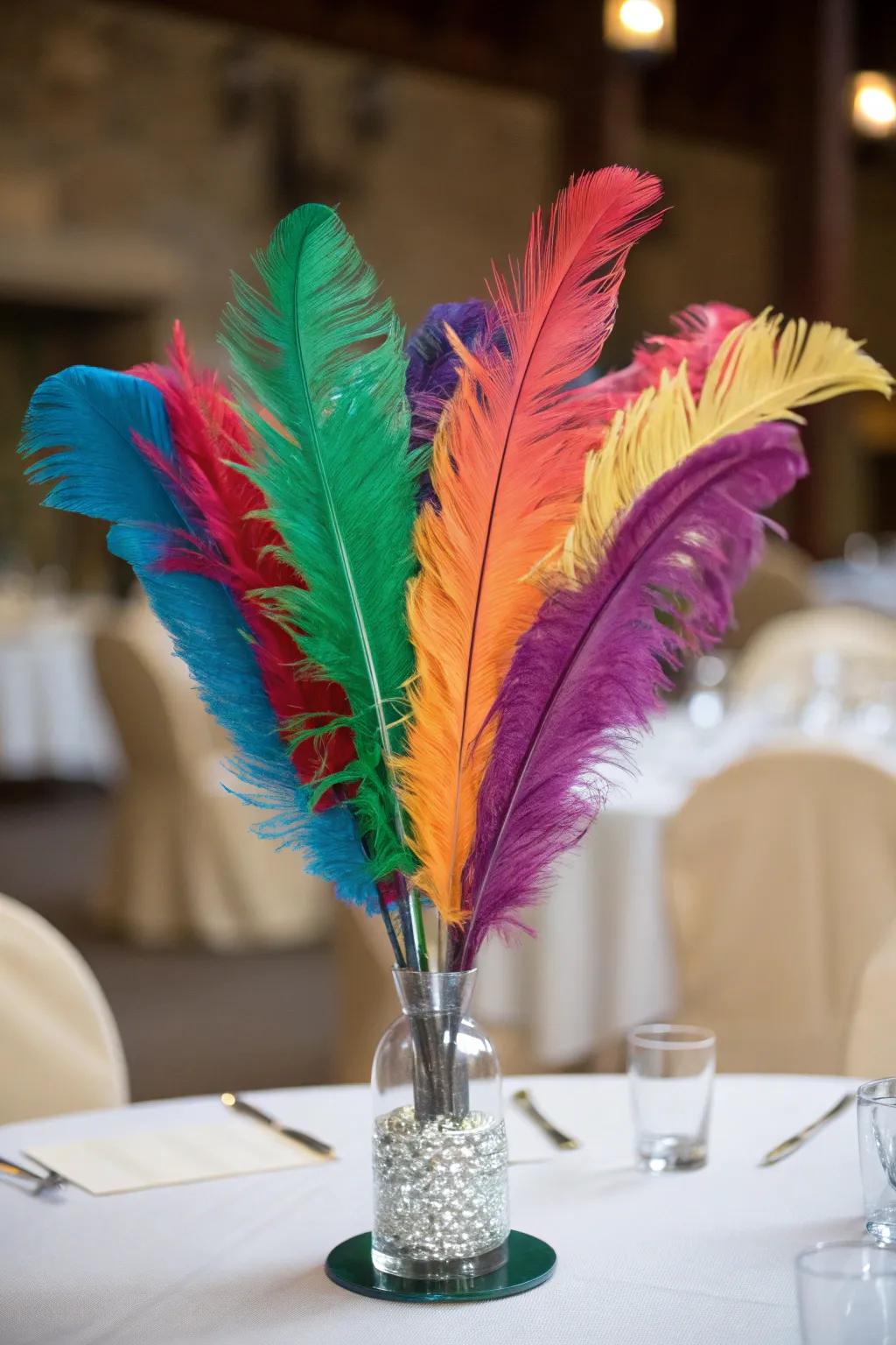 A centerpiece bursting with colorful feathers, bringing vibrancy to the dining table.