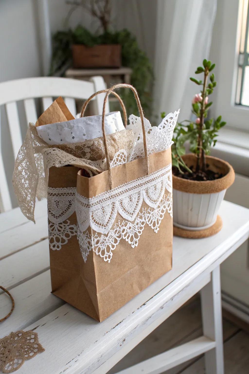 Transform your gift wrapping with vintage lace and fabric accents for a charming, eco-friendly touch.