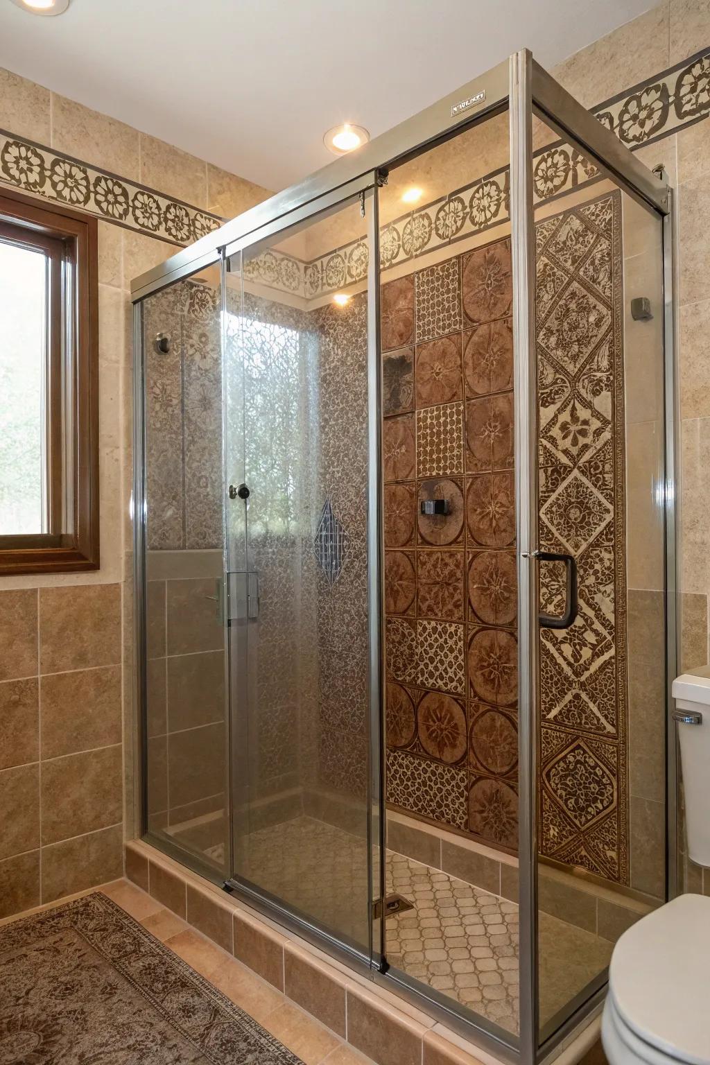 Glass enclosures allow your brown tiles to be the star of the show.