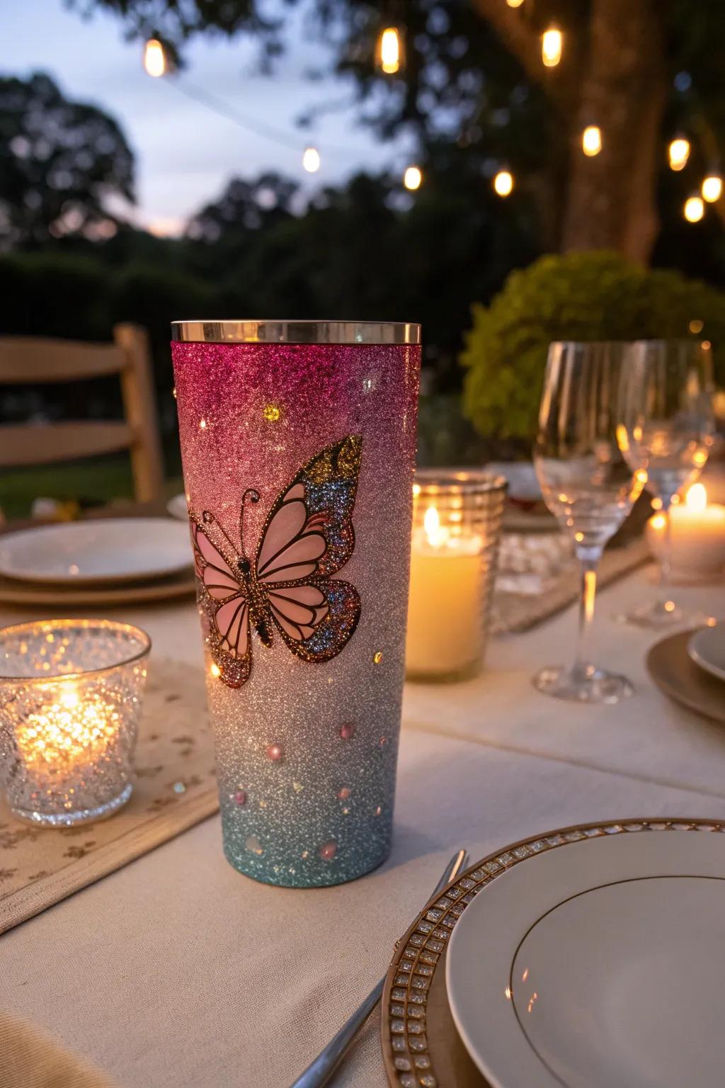 Add a dash of sparkle to your decor with a glittery butterfly tumbler.